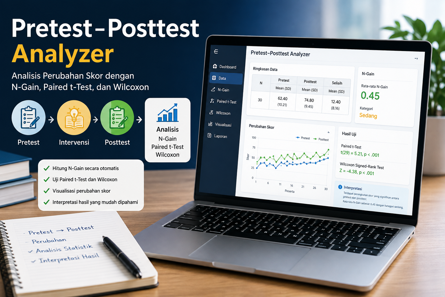 Pretest dan Posttest: Cara Memilih N-Gain, Paired t-Test, atau Wilcoxon